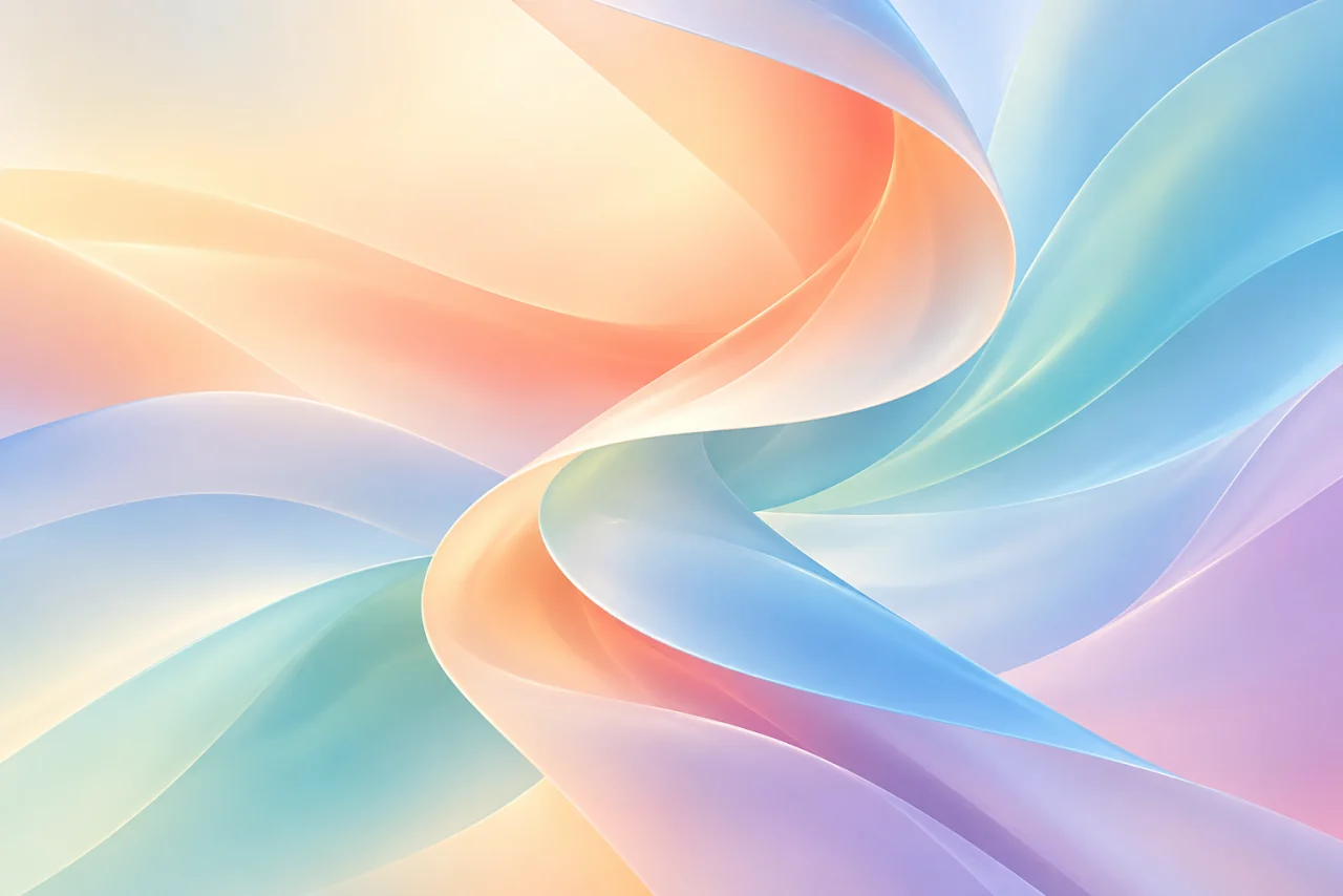 Abstract flowing ribbons in warm ivory, coral, and soft blue