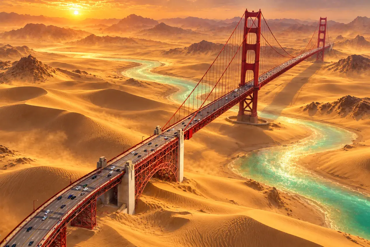Golden Gate Bridge crossing golden desert dunes beside a turquoise river, AI-edited example