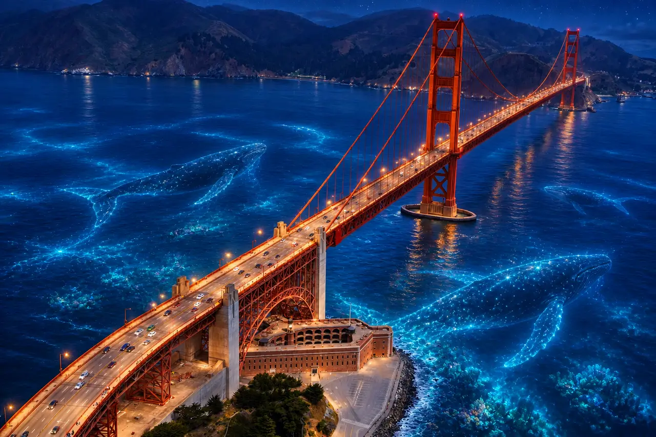 Golden Gate Bridge over a glowing blue bay with whales beneath the surface, AI-edited example