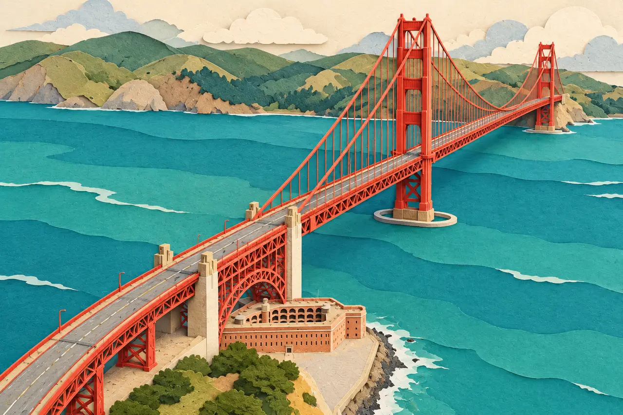 Golden Gate Bridge and bay made from layered colored paper, AI-edited example