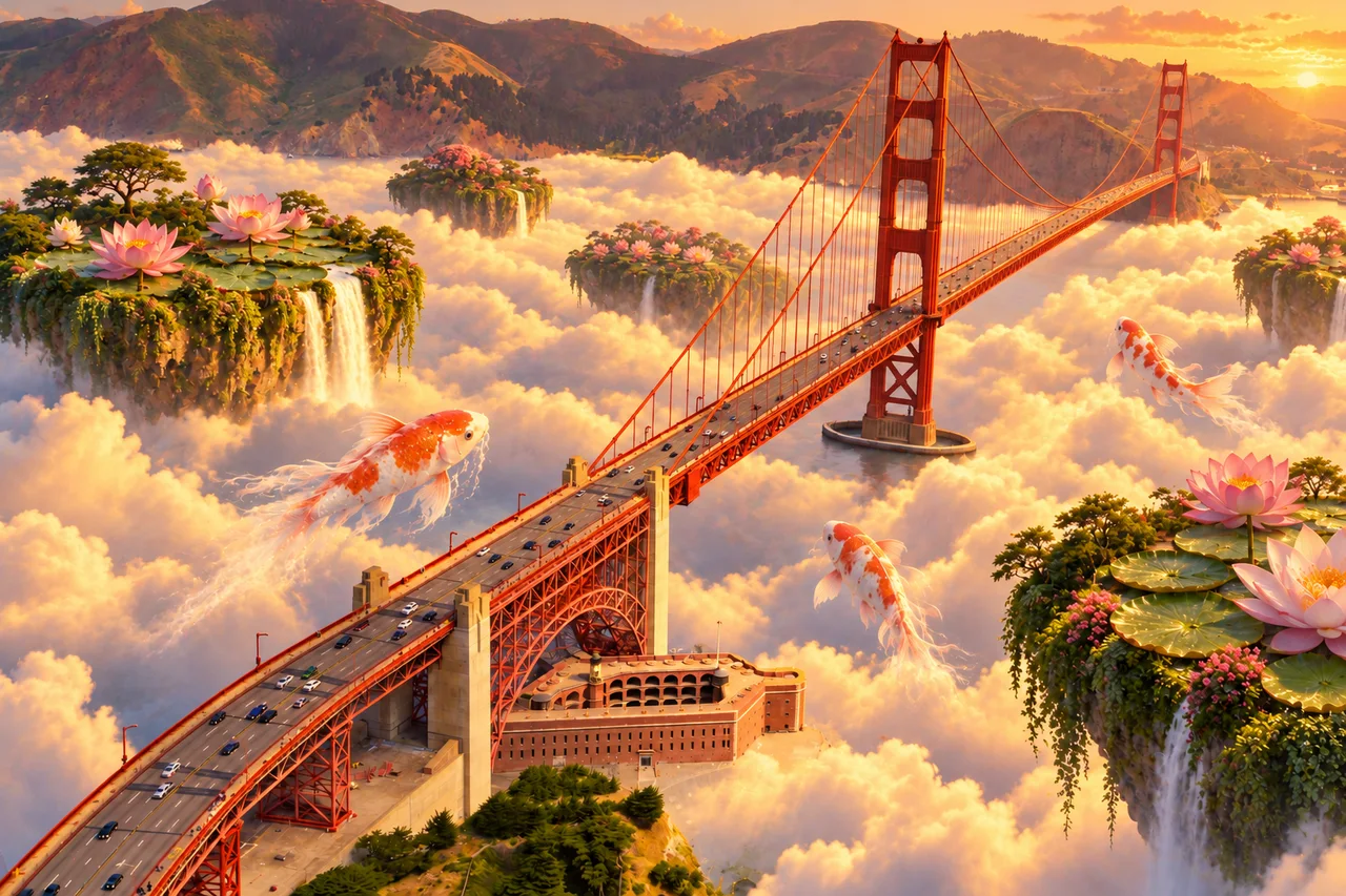 Golden Gate Bridge above clouds, with floating koi and flower-covered islands, AI-edited example